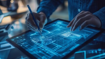 Poster - Innovative technology in action digital blueprint creation modern workspace digital art close-up futuristic design concept