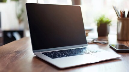Poster - Laptop on wooden desk home office setup technology cozy environment close-up view productivity concept