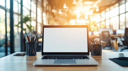 Poster - morning productivity boost modern workspace with laptop urban office digital environment inspiration