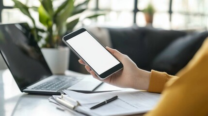 Poster - User engaging with smartphone at home office digital workspace modern environment close-up viewpoint productivity concept