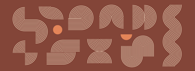 Poster - Boho linear element collection. Brown beige wave and arch forms design. Mid century curves and arcs set. Bohemian decorative ornamental shape bundle for badge, icon, poster, banner, template. Vector