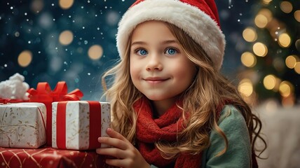 Girl with gift box at Christmas.