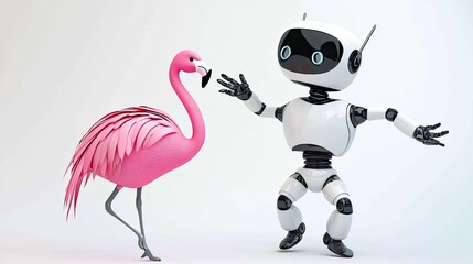 Poster - White Robot Interacting with Pink Flamingo