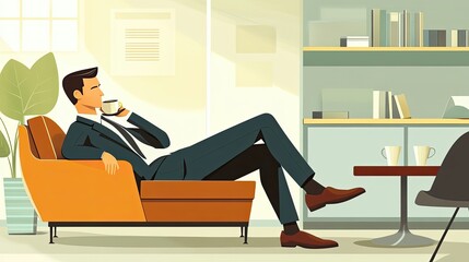 Poster - Man Relaxing in a Chair with a Cup of Coffee