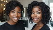 © JCreative - Two women with radiant smiles showcase stunning hair transformation from short to long, curly styles in modern salon setting. atmosphere is bright and inviting