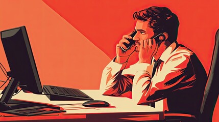 Poster - Businessman on Phone at Desk with Computer