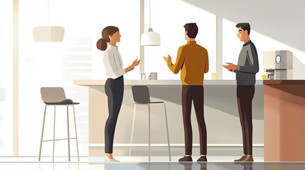 Poster - Three People Chatting by a Counter in a Modern Office Setting