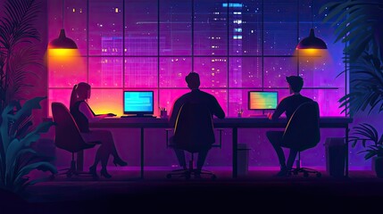 Poster - Three Silhouettes Working at Desks in a Neon-Lit Office at Night