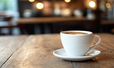 Poster - Cozy Coffee Shop Ambiance with Warm Lighting and Rustic Table Decor : Generative AI