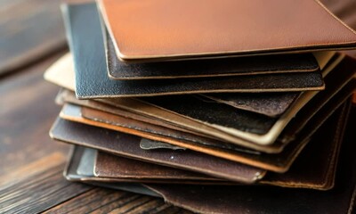Aufkleber - Stack of Diverse Leather Samples on Wooden Surface for Material and Texture Design : Generative AI