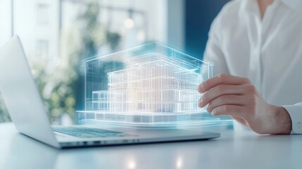 Poster - A person interacts with a laptop displaying a holographic building model, showcasing technology in architecture and design.