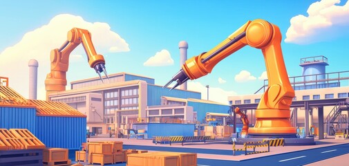 Poster - A vibrant industrial scene featuring robotic arms in a factory setting, surrounded by shipping containers and modern architecture under a blue sky.