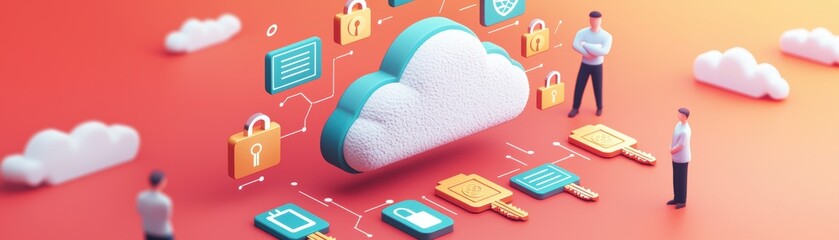 Aufkleber - A digital illustration depicting cloud computing with icons representing security, data, and connectivity, surrounded by stylized figures on a vibrant background.