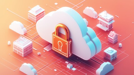 Poster - a stylized cloud with a padlock symbolizes cloud security and data protection in a digital landscape