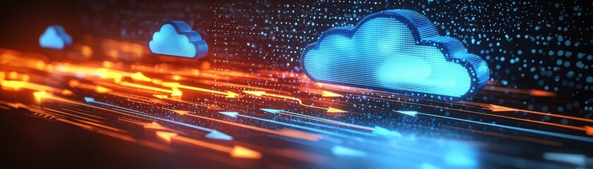 Poster - A digital representation of cloud computing with blue clouds and orange light trails symbolizing data transfer and connectivity.
