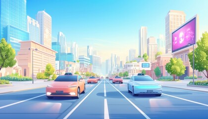 Poster - A vibrant city scene featuring colorful cars on a wide road with skyscrapers and billboards under a bright blue sky.