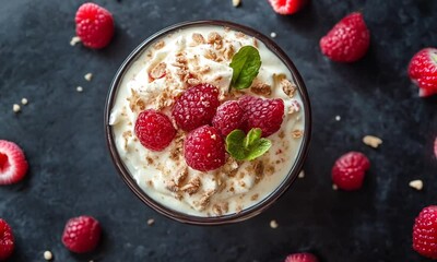 Poster - Delicious Rasberry Yogurt Parfait with Crunchy Granola and Fresh Mint Top View : Generative AI