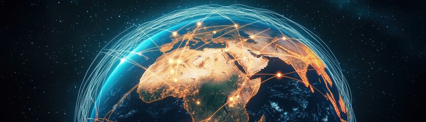 Poster - A vibrant depiction of Earth showcasing illuminated continents and a network of connections, symbolizing global connectivity and technology.