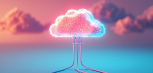 Poster - A vibrant digital cloud with glowing connections symbolizes technology and data storage in a futuristic setting.