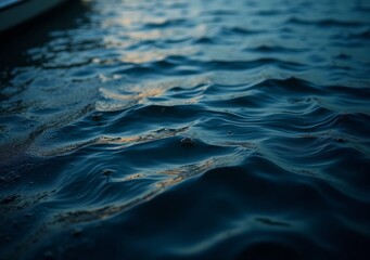 Wall Mural - Calm blue water waves reflect the soft light of the setting sun on a tranquil evening