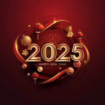 New Year's gold and dark red colors bokeh background with glowing number 2025 and fireworks. Happy New Year concept for 2025.