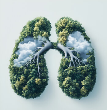 pair of lungs made from trees and clouds, double exposure photography, white background, green color scheme