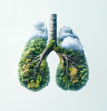 pair of lungs made from trees and clouds, double exposure photography, white background, green color scheme