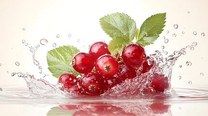 Wall Mural - A cluster of red currants with green leaves splashing into water.