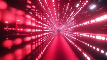 A red and white tunnel with many lights. The tunnel is very long and it looks like it is going on forever