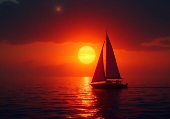 Wall Mural - Sunset glow reflected on ocean waves as a sailboat glides through tranquil waters in daytime golden hour