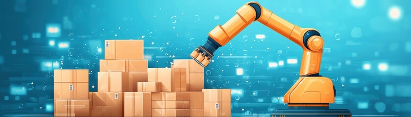Poster - A robotic arm lifts a cardboard box from a stack, symbolizing automation in logistics and modern technology.
