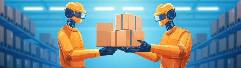 Aufkleber - two robotic figures exchange boxes in a modern warehouse, showcasing the integration of automation i