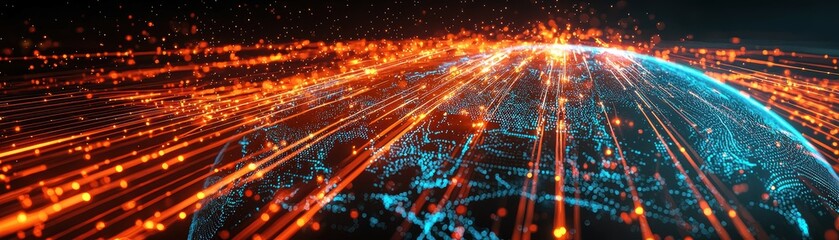 Poster - A vibrant digital representation of Earth, showcasing dynamic light trails and data flow, symbolizing connectivity and the digital landscape.