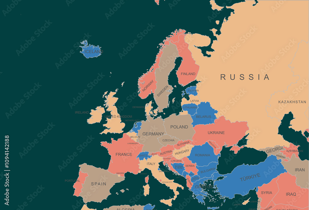 Colorful Political Map of Europe Highlighting Countries and Borders ...
