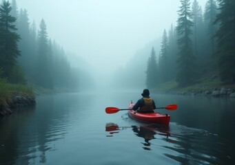 Wall Mural - Quiet morning kayak trip through misty waters surrounded by tall trees in a tranquil wilderness setting