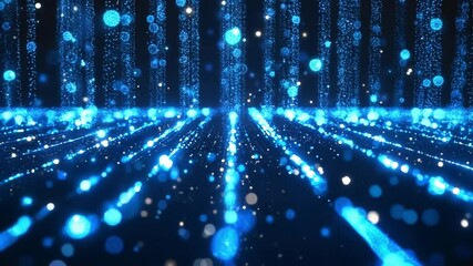 Wall Mural - abstract blue digital rain with glowing particles