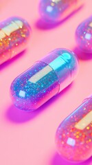 Poster - Glittering capsules in blue and pink hues reflect a lively atmosphere while resting on a bright pink surface