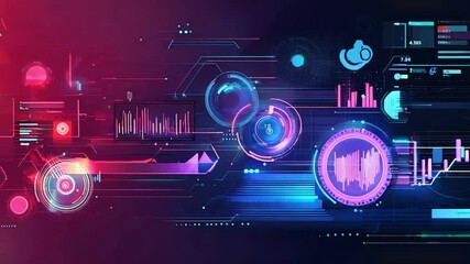 Wall Mural - abstract digital technology background with glowing icons and data visualizations