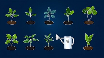 Poster - Collection of 15 outline icons featuring growth concepts such as seedlings watering cans and leaves in a neat minimalistic style suitable for business nature and sustainability designs