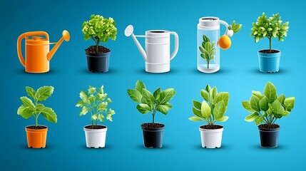 Aufkleber - A collection of 15 outline icons featuring growth concepts such as seedlings watering cans and leaves  The minimalist