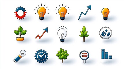 Poster - Stylish set of 15 line icons depicting various elements of business progress and growth including gears graphs and lightbulbs ideal for use in infographics presentations
