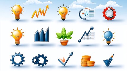 Poster - Set of 15 Stylish Line Icons Illustrating Business Growth Progress and Development Concepts Including Gears Graphs and Lightbulbs