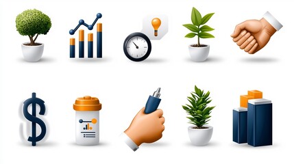 Fototapete - A curated set of simple icons highlighting key business growth concepts such as bar charts targets and handshake symbols  These minimalist graphic elements are perfect for corporate finance