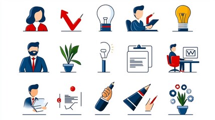Aufkleber - Set of 15 Outline Icons Showcasing Business Workshop Themes Such as Training Teamwork and Achieving Success  Professional Line Style Graphic Design Elements for Corporate Web and App Interfaces