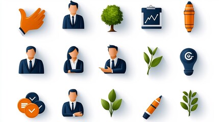Aufkleber - Set of 15 minimalist icons illustrating various concepts related to business growth teamwork training and strategy workshops  The icons feature a linear