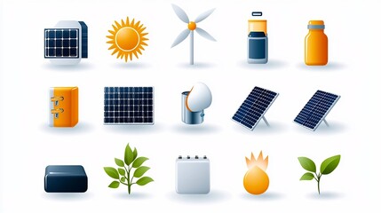 Poster - Collection of 15 minimalist outline icons representing various solar power and renewable energy concepts including photovoltaic systems batteries and sustainable electricity