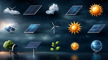 Poster - Comprehensive pack of 15 linear icons depicting various solar energy and renewable power themes including sun symbols solar panels batteries and more  Suitable for clean technology sustainability