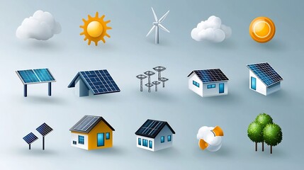 Poster - Set of 15 outline icons showcasing various aspects of solar energy utilization including sunlight capture power grid eco friendly residential solutions
