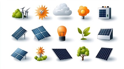 Poster - A set of 15 minimalist icons focused on solar energy production with symbols for panels inverters and renewable electricity Clean line art design for eco friendly sustainable power systems