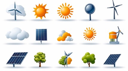 Poster - Set of 15 minimalist linear icons representing various elements of solar energy infrastructure and renewable power technology  Editable format design